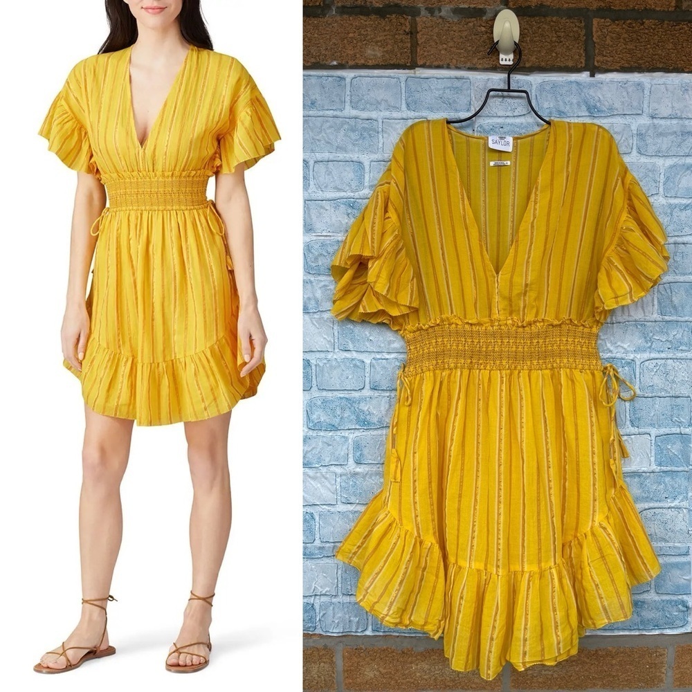 SAYLOR Adrianne Ruffled V-Neck Metallic Striped Gold Mini Dress medium